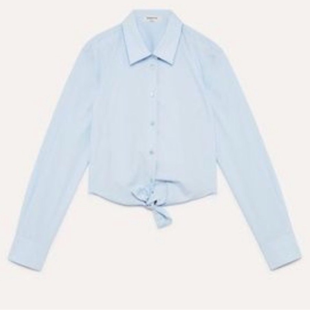 Aritzia Babaton Kanika Poplin Tie Front Oxford Blouse in Pale Blue